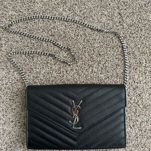 Saint Laurent Black Chevron Quilted Leather Crossbody with Silver Hardware